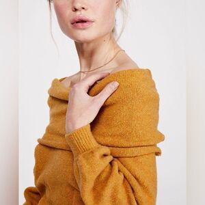 Free People Women's Echo Off-Shoulder Mustard Yellow Oversized Sweater XSmall